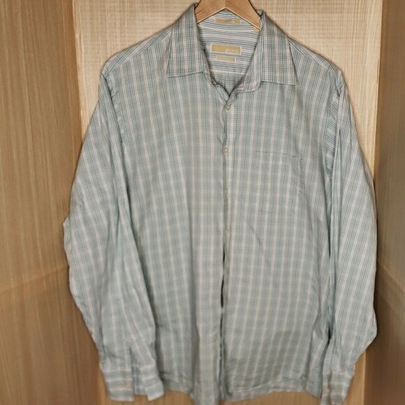 Michael Michael Kors Mens Green White Check Long Sleeve Dress Shirt 18 36/37 - Picture 1 of 6